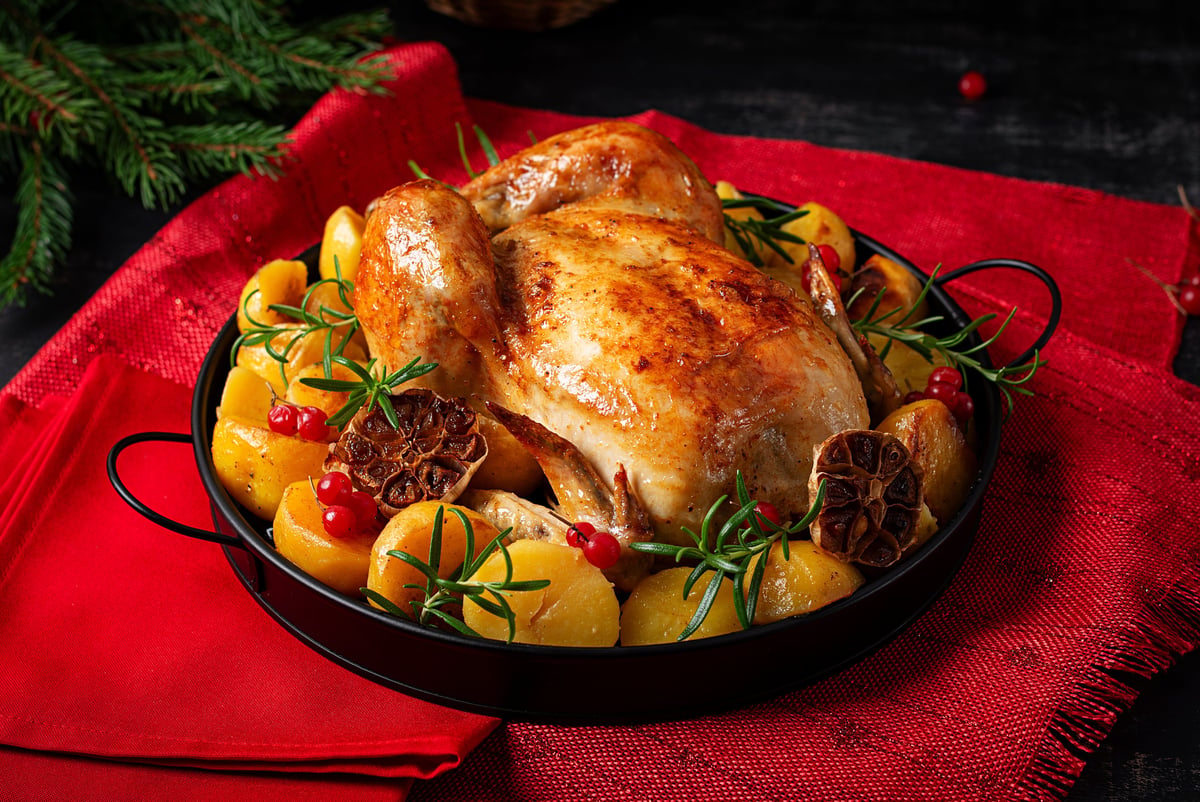 Whole Poulet Bleu chicken, prepared in different serving styles